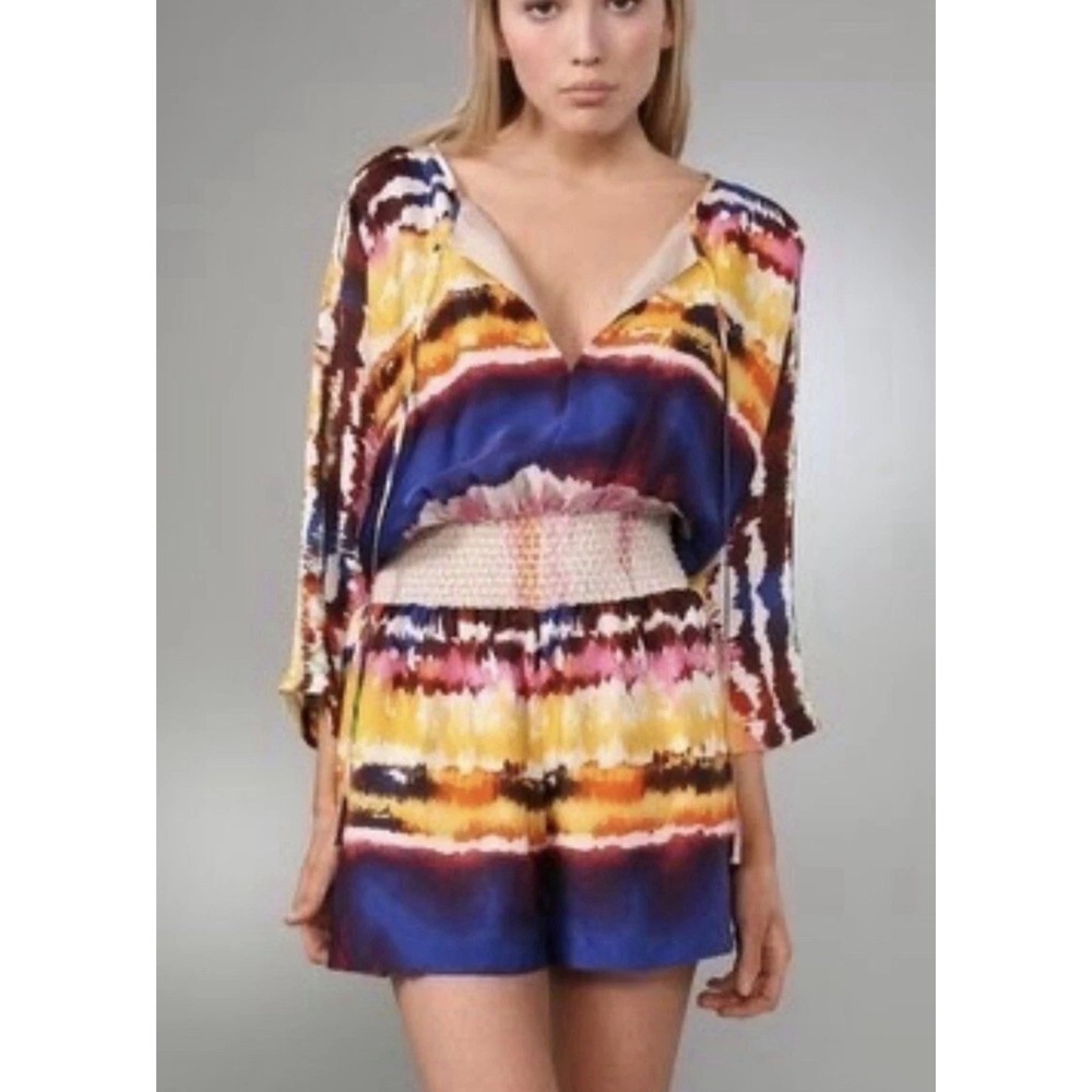 Halston Heritage 100% Silk Romper Multicolor Ikat Print Smocked Waist Size 4